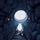 marvin stands on a narrow bridge within the underground complex of magrathea. his smooth white body, disproportionately large spherical head, and small limbs make him stand out against the dark metall