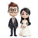 a bride and a groom. the groom has transparent glasses and brown hair. the bride has black hair