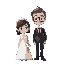 a bride and a groom. the groom has transparent glasses and short brown hair. the bride has shoulder-lenght black hair
