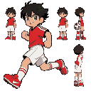 "cartoon football player, inazuma eleven style, young agile, short black hair, green eyes, red jersey, white shorts, red shoes, running, side view, , transparent background, 8 frames