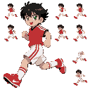 cartoon football player, inazuma eleven style, young agile, short black hair, green eyes, red jersey, white shorts, red shoes, running quickly , side view, generate 8 frames for a smooth running 