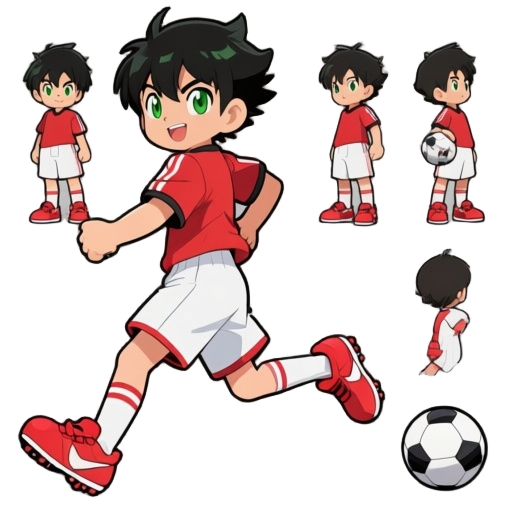 "cartoon football player, inazuma eleven style, young agile, short black hair, green eyes, red jersey, white shorts, red shoes, running with ball, side view, , transparent background, 8 frames