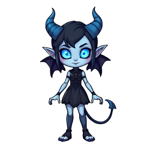 female demon with glowing blue eyes and pale skin,