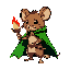 a little brown mouse, with a green cape, sword, and torch. facing right, in idle pose,
