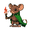 a little brown mouse, with a green cape, sword, and torch. facing right, in idle pose,