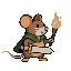 a little brown mouse, with a green cape, sword, and torch. facing right, in idle pose,