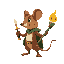 a little brown mouse, with a green cape, sword, and torch. facing right, in idle pose,