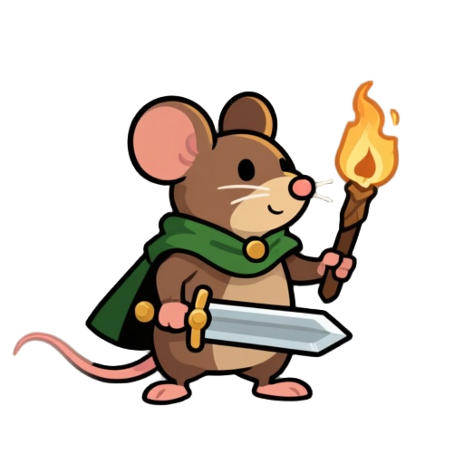 a little brown mouse, with a green cape, sword, and torch. facing right, in idle pose,