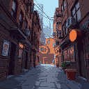 background image for a fighting game of an alleyway in a city, 2d flat view from side