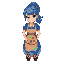 cute pixel art of a female artist with blue hair and ponytail, wearing blue dress and paint-splattered apron. she's holding a wooden palette with colorful paint dots. s