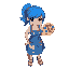 cute pixel art of a female artist with blue hair and ponytail, wearing blue dress and paint-splattered apron. she's holding a wooden palette with colorful paint dots. s