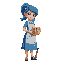 cute pixel art of a female artist with blue hair and ponytail, wearing blue dress and paint-splattered apron. she's holding a wooden palette with colorful paint dots while working at a wooden easel. s