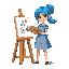 cute pixel art of a female artist with blue hair and ponytail, wearing blue dress and paint-splattered apron. she's holding a wooden palette with colorful paint dots while working at a wooden easel. s