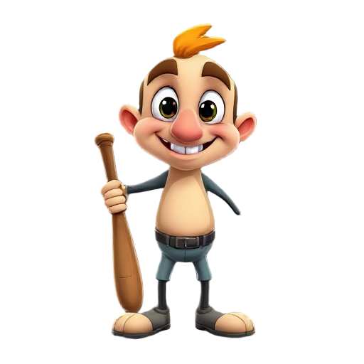 a cartoonish anthropomorphic character standing upright with arms, legs, and a friendly face. it has big expressive eyes, thick eyebrows, and a long nose. the character is smiling warmly and holding a baseball bat in one hand