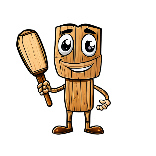 a cartoonish anthropomorphic wooden cricket bat character standing upright with arms, legs, and a friendly face. it has big expressive eyes, thick eyebrows, and a long nose. the character is smiling warmly and holding a smaller wooden bat in one hand. the
