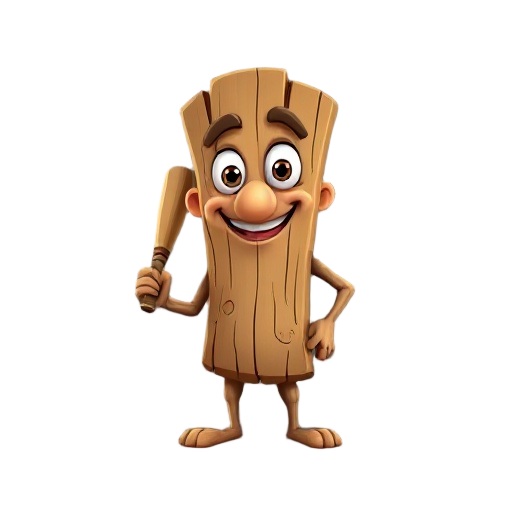 a cartoonish anthropomorphic wood like character standing upright with arms, legs, and a friendly face. it has big expressive eyes, thick eyebrows, and a long nose. the character is smiling warmly and holding a baseball bat in one hand
