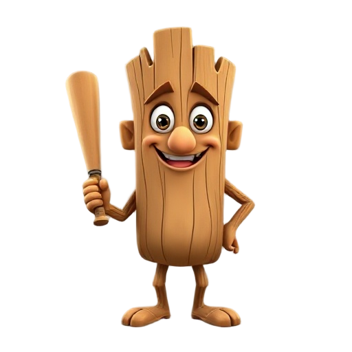 a cartoonish anthropomorphic wood like character standing upright with arms, legs, and a friendly face. it has big expressive eyes, thick eyebrows, and a long nose. the character is smiling warmly and holding a baseball bat in one hand