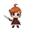crie um personagem de jogo de plataforma de uma menina com cabelo castanho na altura do ombro olhos castanhos uma espada na mao , de roupa preta 