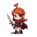 crie um personagem compacto de jogo de plataforma de uma menina com cabelo castanho escuro na altura do ombro olhos castanhos uma espada na mao com roupa e capa  preta 