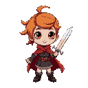 crie um personagem de jogo de plataforma de uma menina com cabelo castanho escuro na altura do ombro olhos castanhos uma espada na mao com roupa e capa  preta 