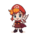 crie um personagem de jogo de plataforma pequeno igual o mario de uma menina com cabelo castanho escuro na altura do ombro olhos castanhos uma espada na mao com roupa e capa  preta 