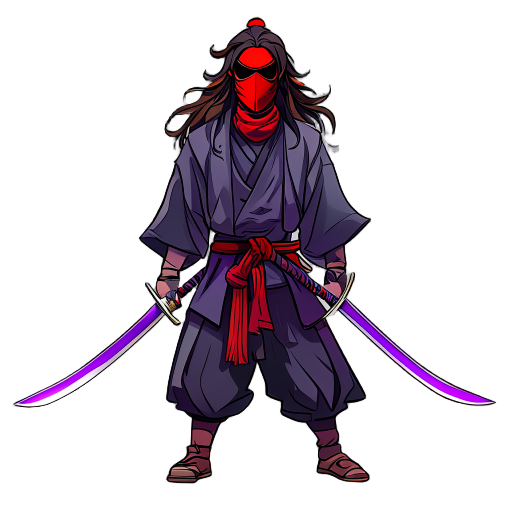 swordsman with 2 swords, one made of steel and the other purple, i want him to have a red mask. who has long, loose hair, wearing.feudal japanese clothing.
