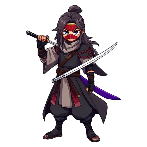a swordsman with 2 swords, one made of steel and the other purple, i want him to have a red mask. who has long, loose hair, wearing feudal japanese clothing