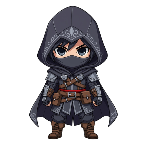 chibi stealth assassin character, wearing a large hooded cloak with ornate stitching, layered leather armor with metal trims, fingerless gloves, utility belt with pouches, and soft boots. large anime-