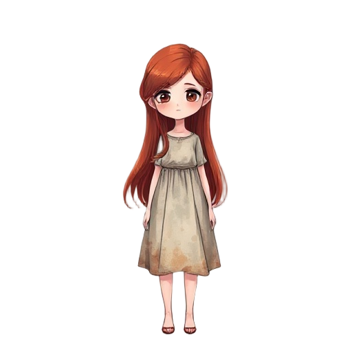 full-body concept art of a poetic young girl with long flowing red hair, melancholic eyes, wearing a faded watercolor-style dress, standing still with a gentle and subtle pose, soft emotional expressi