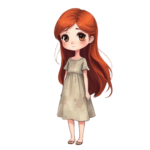 full-body concept art of a poetic young girl with long flowing red hair, melancholic eyes, wearing a faded watercolor-style dress, standing still with a gentle and subtle pose, soft emotional expressi