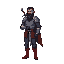 the knight should have dark skin with a black beard, dark blue pants, and only red boots, a gray long-sleeved shirt, and no gloves. he doesn't need to wear armor on his head. he carries a sword on his back. the style should follow retro rpg sprites, with 