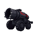 a dark bio-mechanical artillery cannon, teeth line it's barrel as turmors grow on the chasis, with a red stripe to denote it's team.