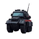 a dark colored armored troop transport with a red stripe to denote it's team. 