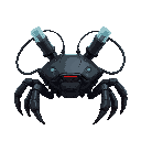 a dark colored crab mech that has two glass tubes attached to its back as wires connect and tubes crawl over it, with a red stripe to denote it's team.