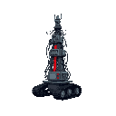 a freakish radio tower with wires connecting everywhere sitting ontop of dark treads with a red stripe to denote it's team.