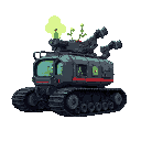 a large lab on dark tank treads that has tubes with men growing in them with giant robotic mechanical arms scatter the vehicle, with a red stripe to denote its team.