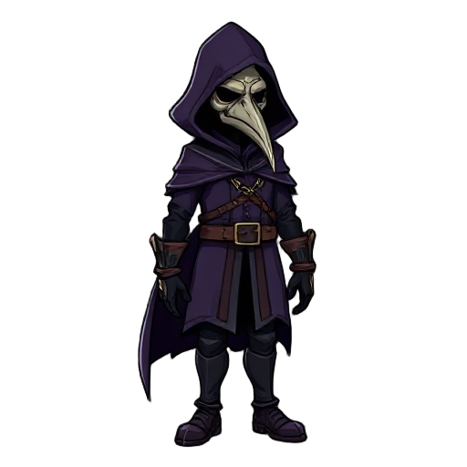 full-body sprite of a mysterious plague doctor character wearing a dark purple hooded cloak and leather belts. the figure has a long beaked mask, black gloves, thigh-high boots, and intricate markings