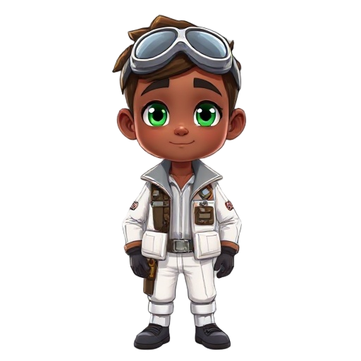 airplane pilot, short brown hair, dark skin, green eyes, classic white pilot outfit.