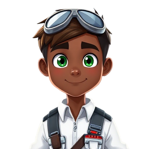 airplane pilot, short brown hair, dark skin, green eyes, classic white pilot outfit.