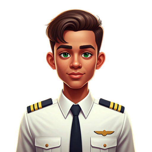 airplane pilot, short brown hair, dark skin, green eyes, classic white pilot outfit.
