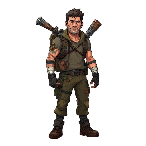 2d character concept art of a post-apocalyptic survivor, male, around 30 years old, athletic but slightly rugged, wearing torn tactical clothes, backpack with supplies, bandages on the arm, and a handmade weapon like a bat wrapped with metal. the environm