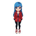 a girl with long blue hair, wearing a red jacket, black jeans, and red sneakers.