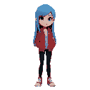 a girl with long blue hair, wearing a red jacket, black jeans, and red sneakers.
