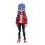a girl with long blue hair, wearing a red jacket, black jeans, and red sneakers."  in english, adjectives typically precede the nouns they modify, and colors are used as adjectives.  additionally, "кр