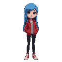 a girl with long blue hair, wearing a red jacket, black jeans, and red sneakers.