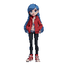 a girl with long blue hair, wearing a red jacket, black jeans, and red sneakers.