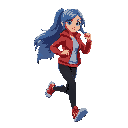 a girl with long blue hair, wearing a red jacket, black jeans, and red sneakers. run