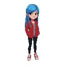 a girl with long blue hair, wearing a red jacket, black jeans, and red sneakers.