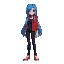 a girl with long blue hair, wearing a red jacket, black jeans, and red sneakers."  in english, adjectives typically precede the nouns they modify, and colors are used as adjectives.  additionally, "кр