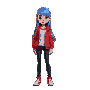 a girl with long blue hair, wearing a red jacket, black jeans, and red sneakers."  in english, adjectives typically precede the nouns they modify, and colors are used as adjectives.  additionally, "кр